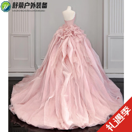 OEMG【轻奢高端】法式粉色抹胸轻婚纱礼服2024新款新娘高级感在逃公主 粉色齐地婚纱 XS