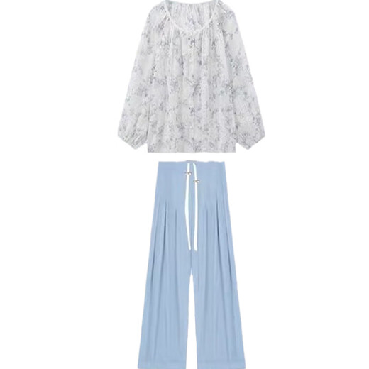 
Geman maternity suit autumn 2025 fashionable fashionable and sweet long-sleeved floral maternity shirt two-piece set spring and autumn floral top + blue wide-leg pants XXL