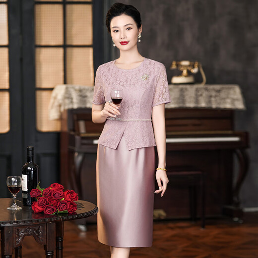 Luo Meng brand noble temperament happy mother-in-law wedding banquet dress for women 2026 new style petite young mother dress purple pink three-quarter sleeves M