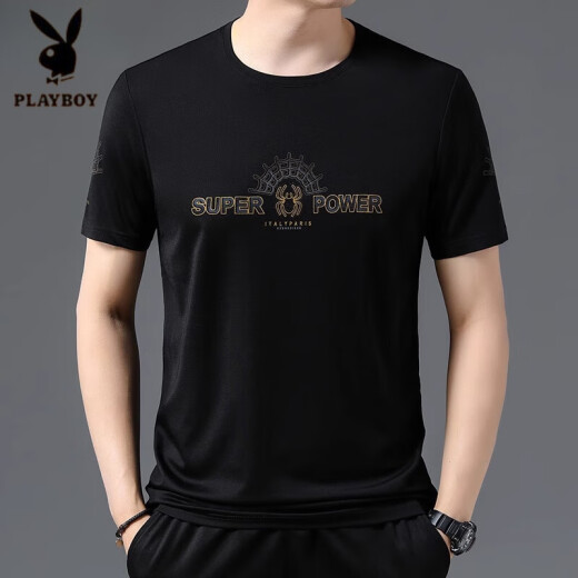 Camiseta de seda de color mulberry de manga corta de Playboy en Playboy Summer, delgada camisa de base de moda a media manga delgada, traje de papá Daddy Black-733xs M 165 recomendado 90-115Jin [Jin equivale a 0.5 kg]