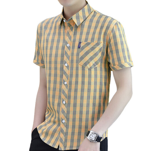 Hualin Fashion Summer Striped kurzärmeliges Hemd Koreaner lässig und vielseitig gutaussehend halbärmelig Hemd Unterwäsche 844 Khaki L 105-120jin [Jin gleich 0,5 kg] Trage