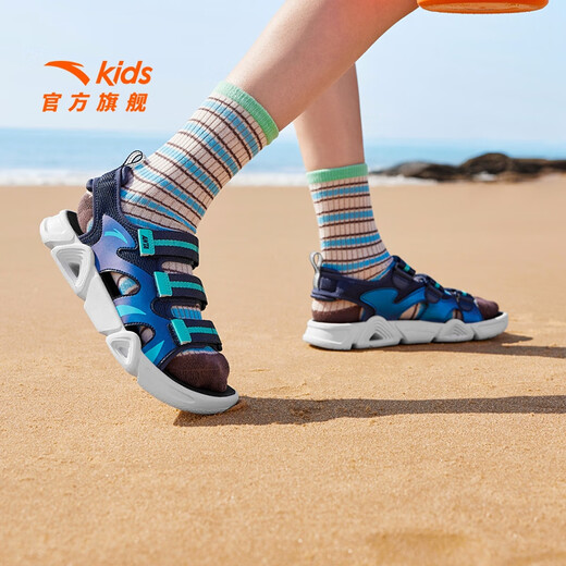 ANTA Children's Sandals Men's Big Children's Shoes 2026 Summer New Outdoor Velcro Open Toe Amphibious Beach Shoes New Ink Blue-5 37 Shoe Inner Length 23.5cm