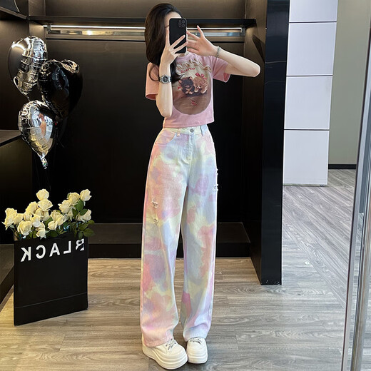 Kaizitu Ymeng Europäischer Modeanzug für Frauen im Sommer Neue modische altersreduzierende Kurzärmel-Kurzärmel-Top-Weitbein-Hosen zweiteiliger Set 7009A Pink Kurzärmelte + 7047B Jeans S S