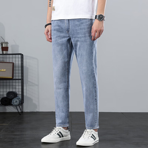 Jiumuwang Herrenhosenexperte Sommerjeans 2025 Männer schlank und immergrande Hosen Frühling und Sommergeschnittene Hosen elastische kleine Füße 9901 Blau grau neun Punkt 28 Taillenumfang 2 Fuß 1