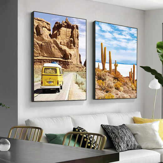 Pintura de decoración de sala de estar simple moderna, paisaje de lujo ligero, fondo de sofá de dos pares Pintura colgante de pared, dormitorio Mural de comedor, viaje 13582/13581 40*60 + imagen de cristal brillante + aleación de aluminio marco negro