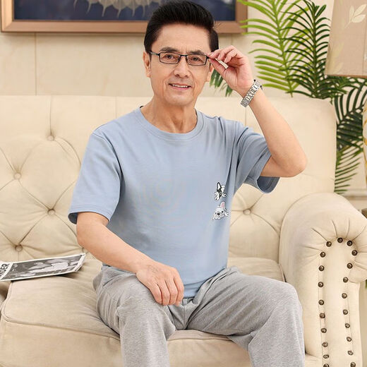 啄木鸟（TUCANO）棉质夏季短袖长裤男士睡衣中年爸爸套头休闲套装老年人薄款家居服 NXF9711 XL 码(建议140-160d