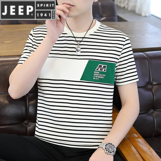 JEEP SPIRIT短袖T恤男棉质小衫条纹汗衫潮流男装半袖圆领小衫 9898短 袖 黑色 2XL 【建议140-155斤】