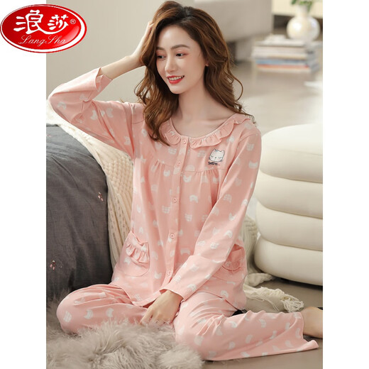 Langsha Pyjamas (Langsha) Frauenfrüh- und Herbst-Herbst-Herbst-Herbst Pure Cotton Long Sleeve Cotton Dünne Hauskleidung mit mittleren Größe mit großer Größe C9272 Bohnenpulverpulverkatzdruck M (Empfohlen 90-110jin [Jin Equalle 0,5 kg]))