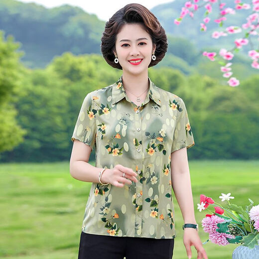 Opeodly Mom's Summer Age Reduciendo camisa de manga corta Impresión de moda Ligera Ligera Escalera Floral Seda Seda Camisa Media manga Trendy 6621m Apricot Color 4xl 135-145Jin [Jin equivale a 0.5 kg]