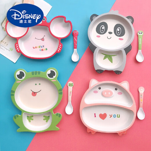 迪士尼（Disney）可爱竹纤维儿童餐盘套装婴儿孩子学吃饭卡通分格宝宝餐具盘碗防烫 08蓝猪【盘+勺】划算款