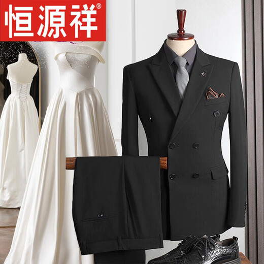 Hengyuanxiang suit men's suit wedding double-breasted British style lapel groom engagement wedding slim striped formal suit double-breasted black 2-piece set (top + pants) S (98-110Jin Jin equals 0.5kg)