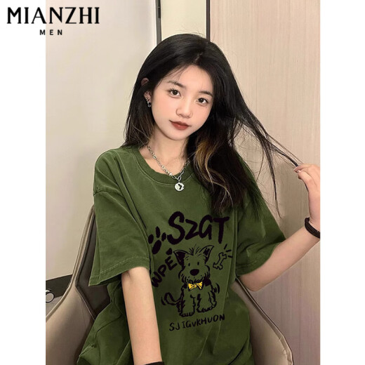 棉致美式复古绿色卡通小狗短袖t恤女夏季新款国潮牌半袖纯棉小众上衣 B15664军绿色【高品质18.5】 3XL 160-180斤