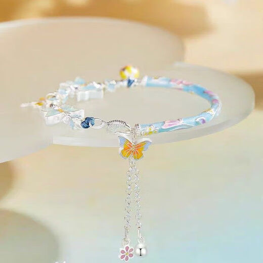 Hunter enamel butterfly bracelet bracelet 999 sterling silver bent tube half bracelet half chain 3D hard silver pure silver women's niche fashion blue color butterfly bent tube half bracelet half chain