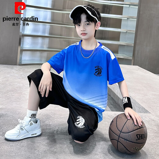 Pierre cardin boys basketball suit summer thin 2025 new mid-large children sports summer suit children's short-sleeved quick-drying clothes blue-9905 short-sleeved suit 120