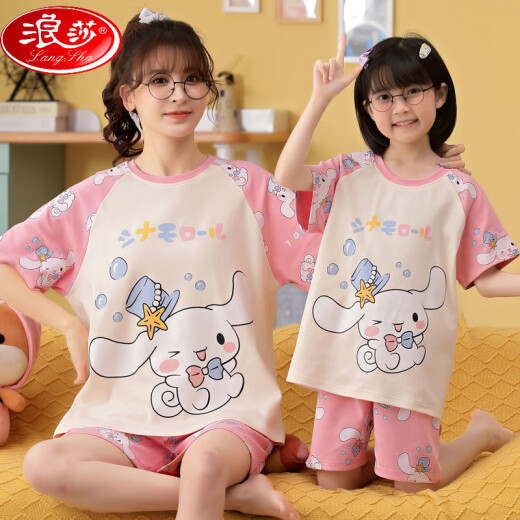 浪莎（LangSha）亲子母女睡衣纯棉夏季薄款短袖可爱卡通网红小女孩女童家居服套装 6624【纯棉 单套的】 M 12码115-125c50斤左右