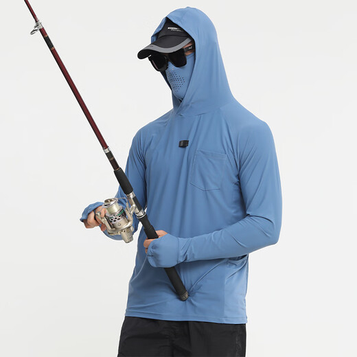 Sharkbat's new solid color quick-drying sun protection clothing fishing clothing men's summer anti-UV cool breathable outdoor sports hooded long-sleeved DY0019 cyan blue XL