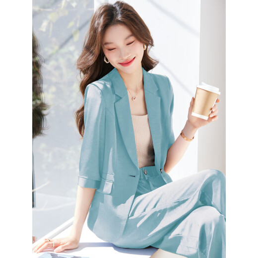 Zhenyi acetic acid suit women's jacket blue short summer thin 2024 temperament suit satin suit XN9766 black suit S