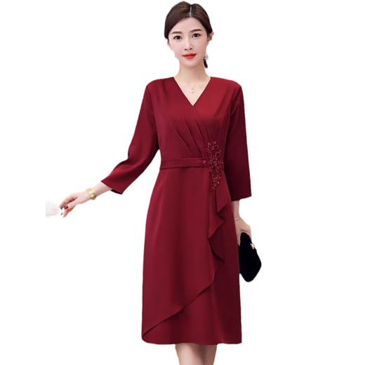 Robe de mariée Pierre Cardin Mother Robe rouge pour femmes 2025 printemps, été et automne nouveau style jeune belle-mère robe de mariée miness rouge. [6197 à manches courtes] l [suggéré 110 Jin [Jin est égal à 0,5 kg] ci-dessous]