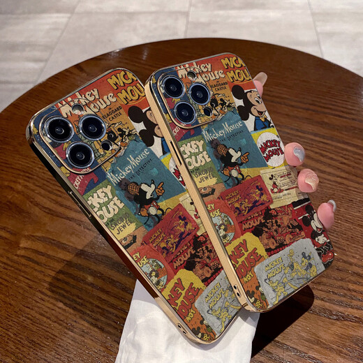 怡潮适用苹果15promax手机壳iphone16/11/12/13/14软壳复古搞怪海报电镀金边皮质高档全包创意防摔套 气质金边【卡通惊讶英文米奇3883】 iPhone 12
