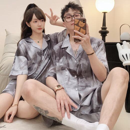 Paar Pyjamas Ladies Sommer kurzärärmig Nachthemd Ice Seide Dünne Comic Männer plus Fett Plus-Größe Home Cloding Set Ice Seide-13076-13077 M Frauen (High 160 Innen-Gewicht 80-100 Jin [Jin gleich 0,5 kg]))