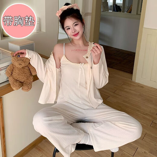 Rongxitu süße und reine Stil-Pyjamas mit Brustpolstern für dreiteiliges Set für Hauskleidung im Freien Frühling und Sommer S681# Grau und Blau 170 m