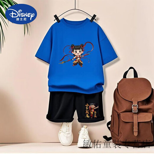 Disney Summer Children's Kurzärärmelte T-Shirt Neuer Stil für den Nationalen Trend der Kinder der Kinder Nudha Devil Child's Noodle Boys zweiteiler Set 1098# Rucksack T-Gray + 2005# Gray Shorts 90