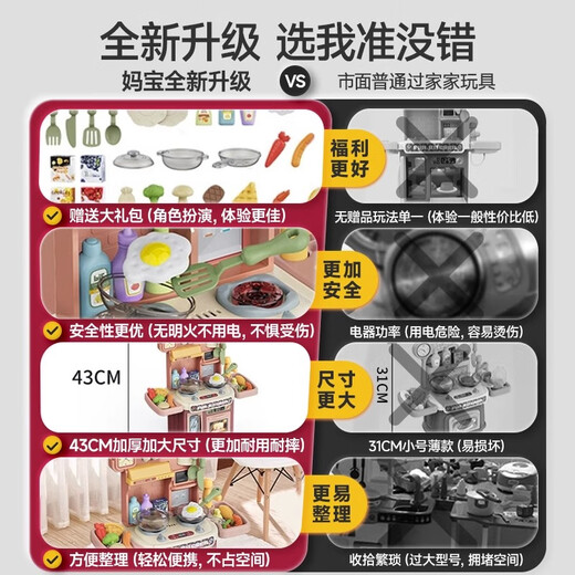 翎喏德国高端儿童迷你小厨房玩具女孩过家家仿真煮做饭套装2到3岁宝宝 【灯光音效/出水】海棠红餐台28件（电池版）