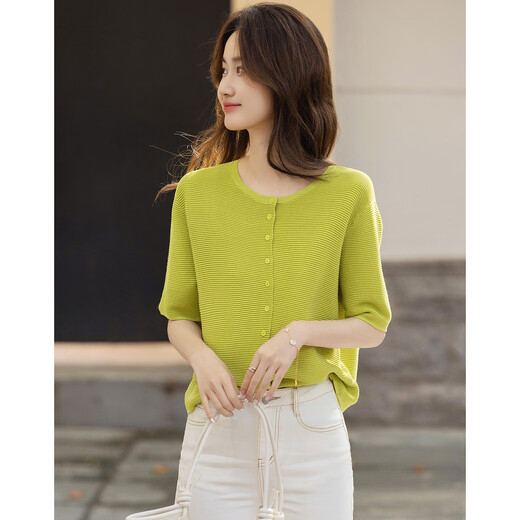
Demana [Low Calorie Daily] Spring and Autumn Simple Wind Ice Wire Round Neck Middle Sleeve Cardigan Comfortable Meat Cover Sweater Women's Top