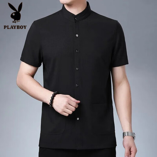 花花公子（PLAYBOY）爸爸夏装宽松薄款衬衣夏季中老年男士短袖衬衫中国风立领半袖衬衫 9201 浅灰 M 165【100-120斤】