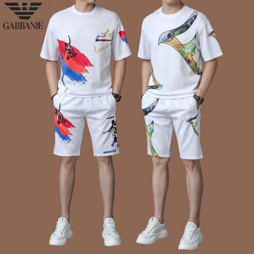 阿玛尼（Emporio Armani） 阿玛尼男冰丝休闲运动套装夏季短袖两件套高端潮流T恤男短裤 QDBGJ-H9857白色套装 105/M(适合90-120斤) 均码