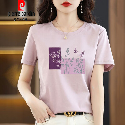 皮尔卡丹（pierre cardin）棉质短袖t恤女士宽松简约气质减龄粉色体恤小衫夏装2025新款上衣 6172碳灰 XL 120-135斤