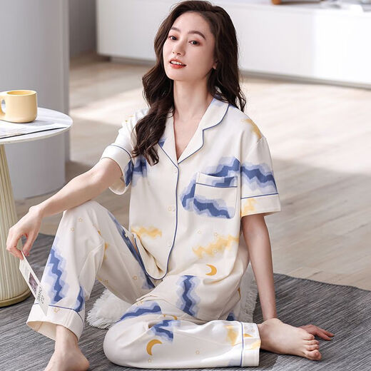 浪莎（LangSha）2025年新款睡衣女式夏季短袖长裤翻领开衫中年妈妈家居服可外穿 PDDQ9922 L 【建议100-120斤】