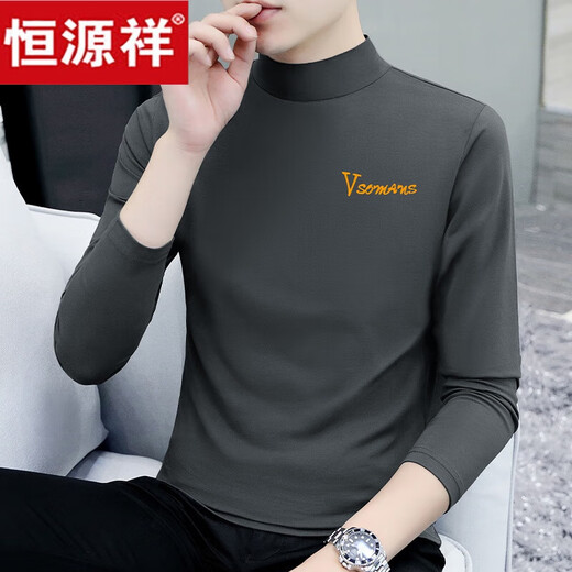 Hengyuanxiang Осенью и зимняя рубашка на полу высокой нижней части шеи для мужской футболки с длинными рукавами Pure Cotton Осенняя одежда универсальная плюс бархатное простое утолщенное тепловое белье Черное YP-C6187 плюс бархат m