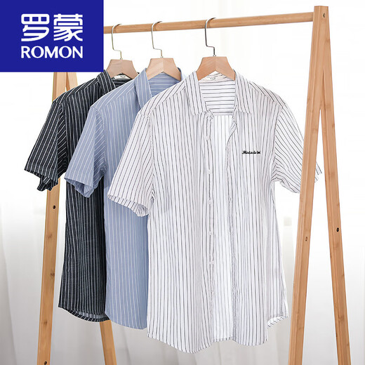 Romon -Männer gestreiftes Hemd Kurzarm Lose Sommer Dünner japanisches lässiges vielseitiges Hemd Sommerkleidung Neues Produkt 9721 Schwarz 3xl 160jin [Jin gleich 0,5 kg]