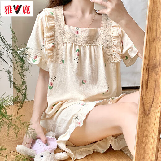 Yalu-Pyjamas für Frauen im Sommer süßer gewebter Baumwolle Kurzarm Shorts Anzug für Frauen im Sommer Dünne Internet-Prominente Hauskleidung Frühlings- und Herbststil JDX-695 m (Empfohlen 80-100jin [Jin gleich 0,5 kg]))
