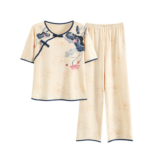 浅伊琳女士短袖睡衣套装夏季薄款长裤夏天新中式国风仿棉家居服可外穿 l9905 M  (建议75-95斤)