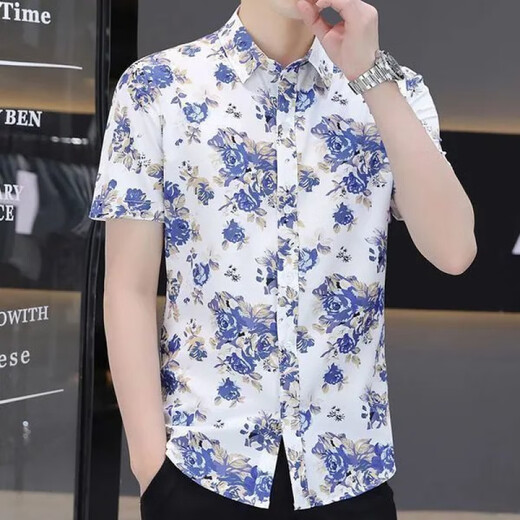 
Wanjun summer short-sleeved shirt for men's slim young and middle-aged printed casual new style 2025 shirt without ironing and anti-wrinkle trendy inch shirt ZJ-653 red 3XL 150-165Jin [Jin equals 0.5 kg]