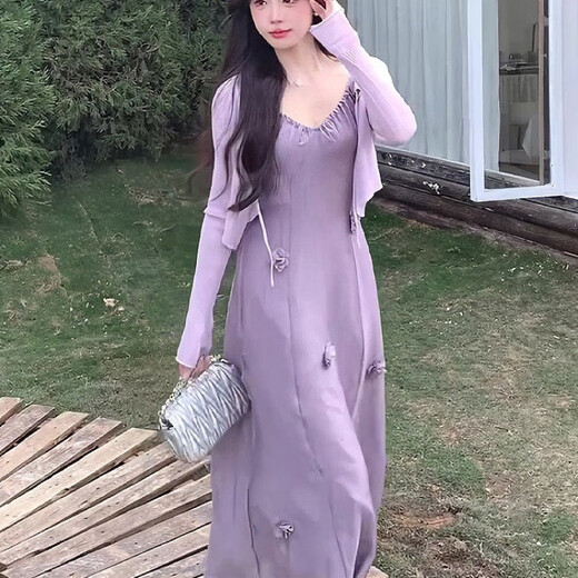S.SOFEA法式立体花朵茶歇裙垂感褶皱宽松大摆长裙 紫色*724 XL