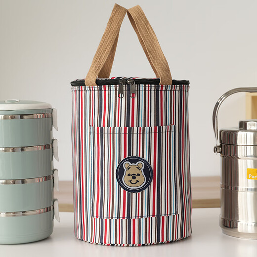 Pu Lian round insulated lunch box bag, aluminum foil thickened handbag, insulated bag with rice bucket for office workers, portable meal bag, round barrel insulated style, bear label denim blue, large size, diameter 23, height 29 cm