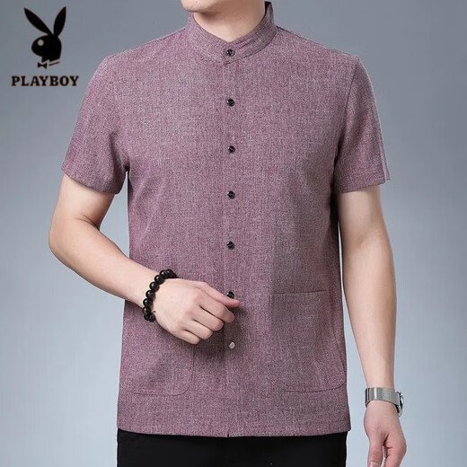 花花公子（PLAYBOY）爸爸夏装宽松薄款衬衣夏季中老年男士短袖衬衫中国风立领半袖衬衫 9201 浅灰 M 165【100-120斤】