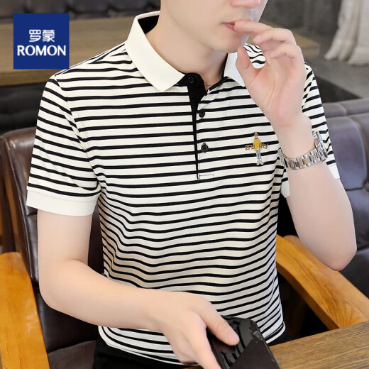 ROMON striped shirt men's short-sleeved polo shirt slim ice silk T-shirt summer long-sleeved shirt trendy short-sleeved T-shirt men's 5012 black 3XL