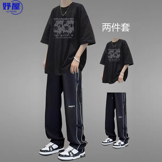 
Yuwu high-quality teenager sports suit men's summer cotton short-sleeved men's clothing 2025 new trendy handsome high school [two-piece set] 1048 pure cotton T-shirt gray + pants black S