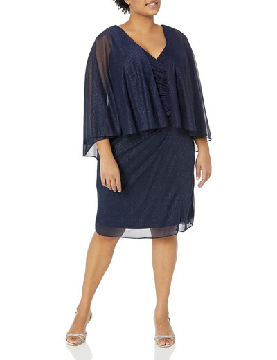 S.L. Fashions Women's Plus Size Bell Sleeve Lace Dress Wedding Dinner Formal Wear Elegant Dark Blue 18 Plus