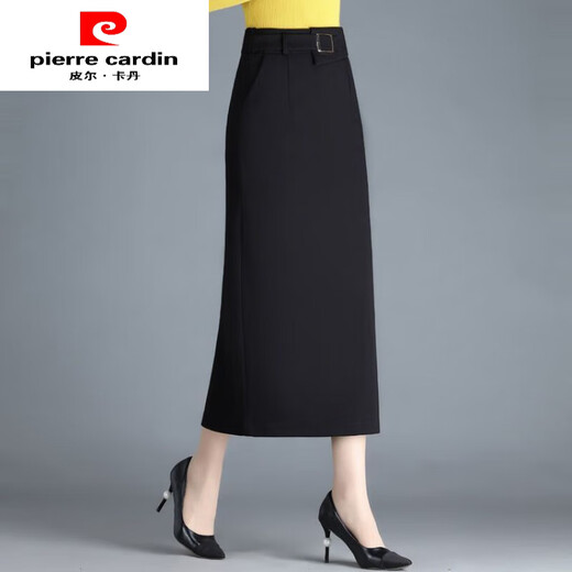 Pierre Cardin (pierre cardin) skirt women's hip skirt autumn and winter new high-waisted slim mid-length straight thickened slit one-step skirt long skirt black winter style plus velvet thickened 3XL 136-145Jin Jin is equal to 0.5 kg