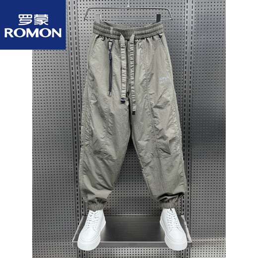 罗蒙（ROMON）夏季薄款九分拼接休闲裤青少年宽松束脚哈伦裤男士潮牌速干运动裤 卡其绿 32 (180) 140-150斤