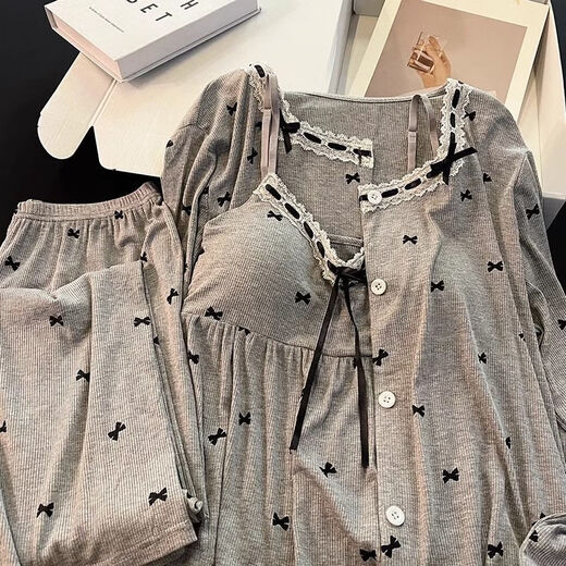 Fhhuabd-Pyjamas mit Baumwoll-Reisstadel für Frauen Frühling und Herbstmodal warm warm, langhärme graue Schlinge Bug Kleidung Drei-teilige Set 6621#. Schwarz-Modal Drei-teiliges Set L empfohlen 100-120jin [Jin ist gleich 0,5 kg]