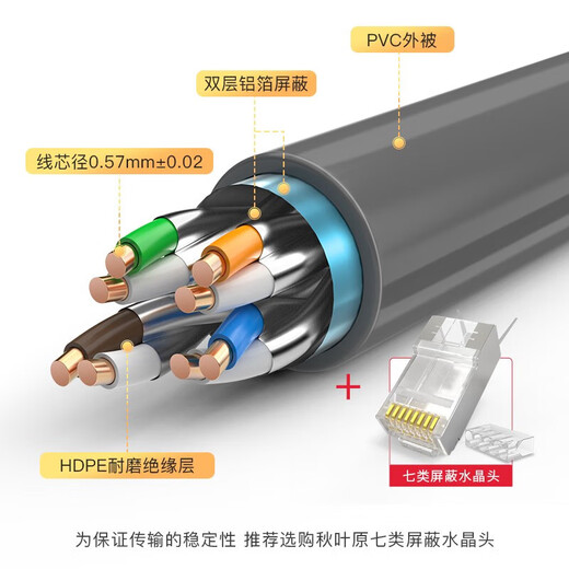 秋叶原（CHOSEAL）QS6169超六类网线双屏蔽千兆高速家用纯铜宽带室内外网络线 灰色 100m