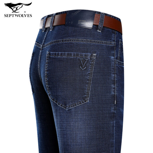 Sept Wolf (SW1960) Summer Coton Stretch Cotton Stretch Jeans pour hommes Loose d'âge moyen des vêtements de papa moyen Pantalon pour hommes Business Long Bleu moyen (3881 Spring and Automne Style) régulier 33 (2 pieds 6)