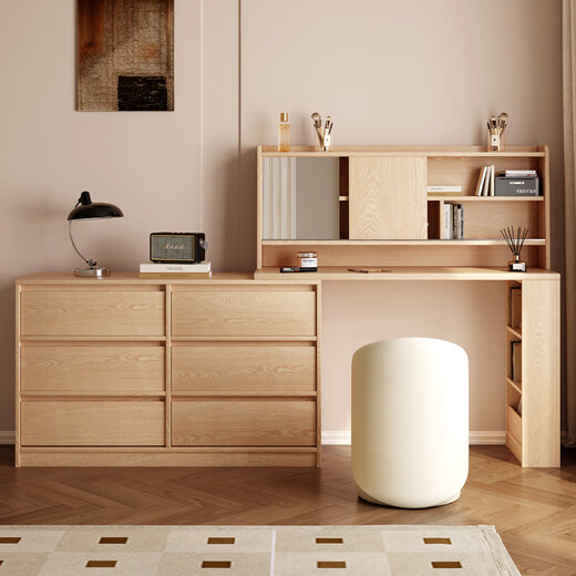 He Jiajiang all solid wood oak bedroom dressing table, cupboard and desk integrated corner dressing table, log style multi-functional dressing table, 1.2m cupboard + 1.2m dressing table + makeup stool, all solid wood
