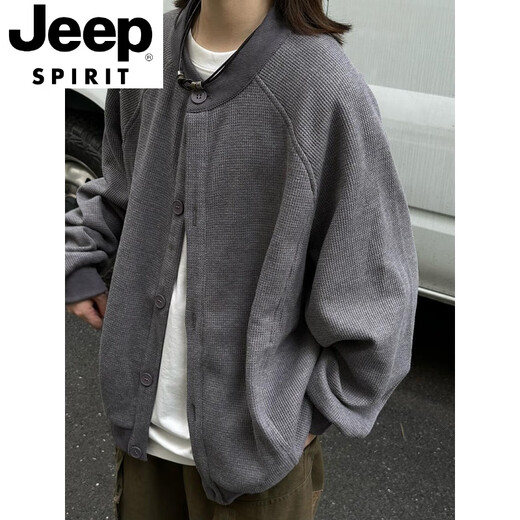 JEEP SPIRIT Japanese retro Henry collar waffle jacket for men and women in spring and autumn loose casual versatile cardigan sweatshirt for men gray M
